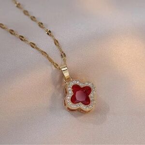 Crimson Clover Pendant Necklace 18K Gold Plated Stainless Steel